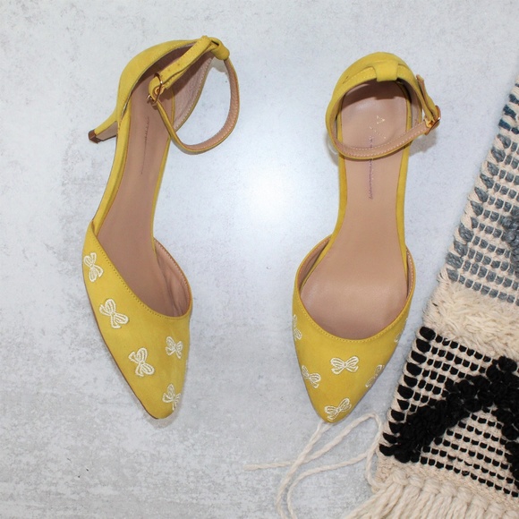 Anthropologie Shoes - SOLD Anthropologie Yellow Bow Suede Kitten Heels